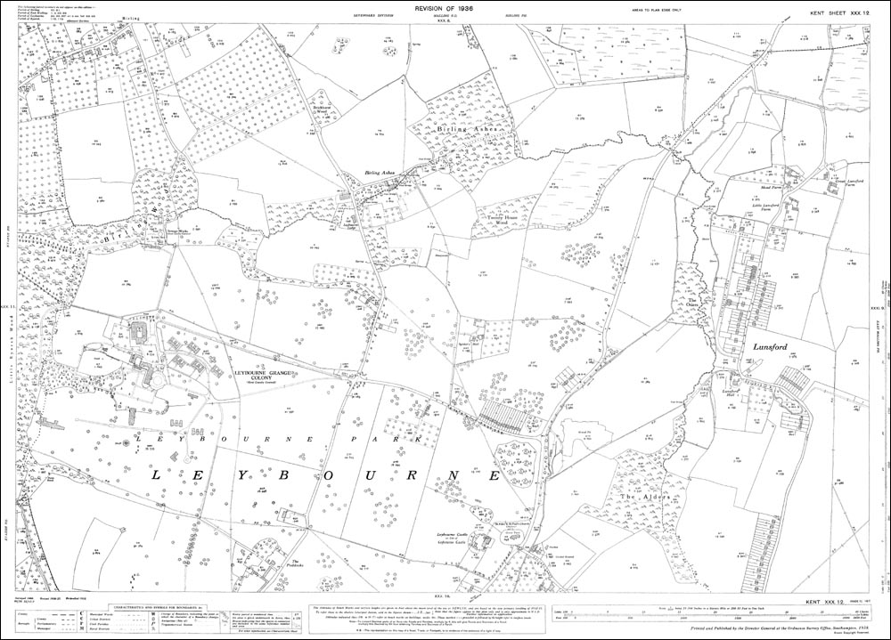 Leybourne West Malling Lunsford OS Kent 30-16-1936 old map repro 